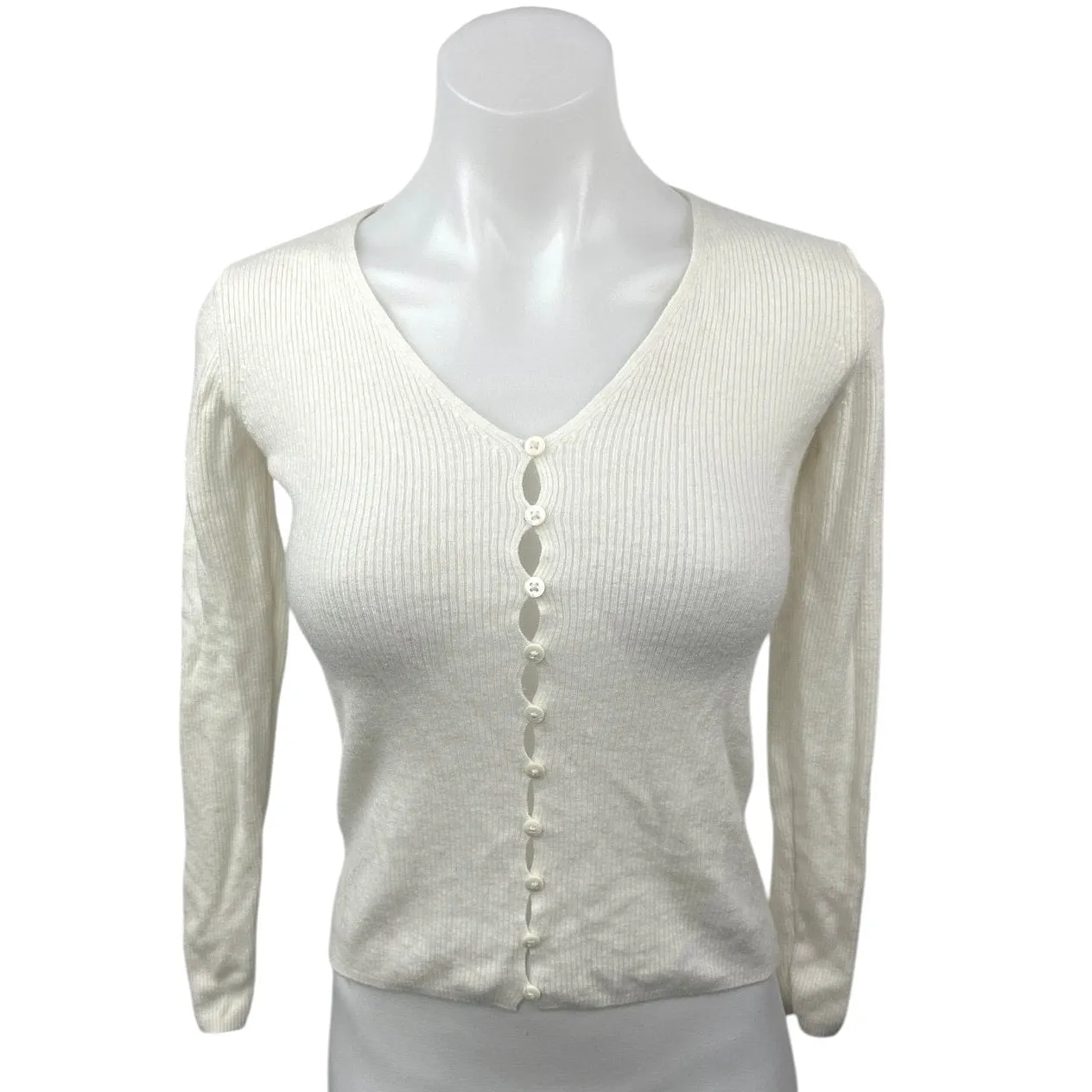 Massimo Dutti White Ribbed Knit Button Long Sleeve Crop Cardigan Sweater Top XS