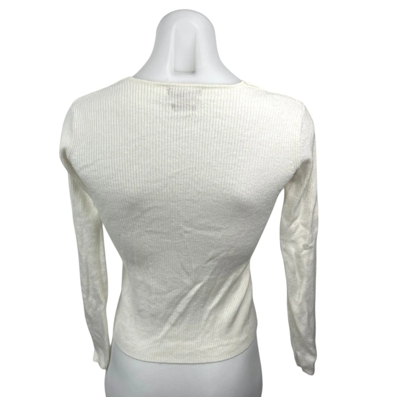 Massimo Dutti White Ribbed Knit Button Long Sleeve Crop Cardigan Sweater Top XS