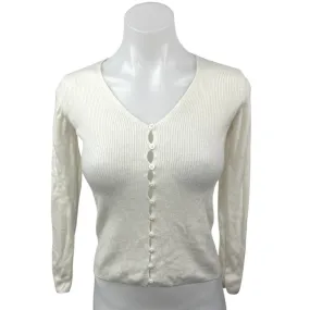 Massimo Dutti White Ribbed Knit Button Long Sleeve Crop Cardigan Sweater Top XS