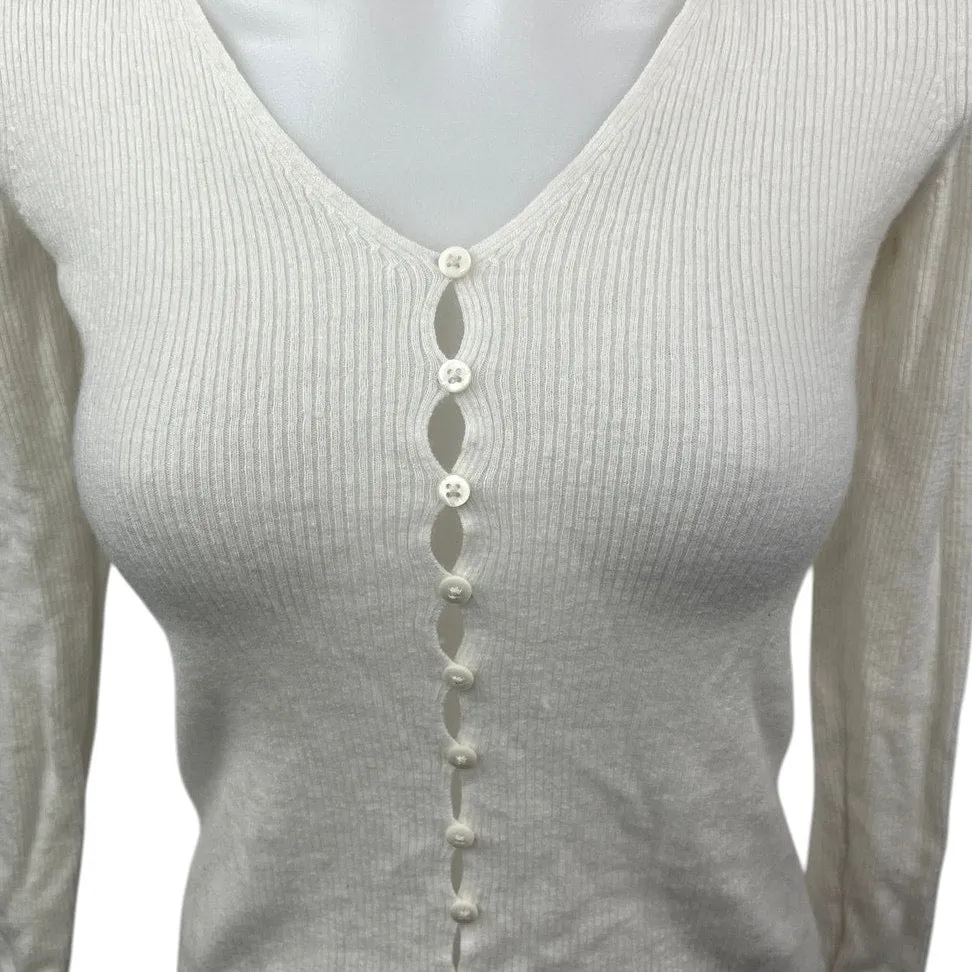 Massimo Dutti White Ribbed Knit Button Long Sleeve Crop Cardigan Sweater Top XS