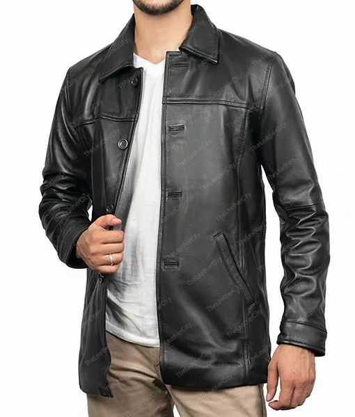 Men's Classic Black Short Trench Leather Coat | TLC