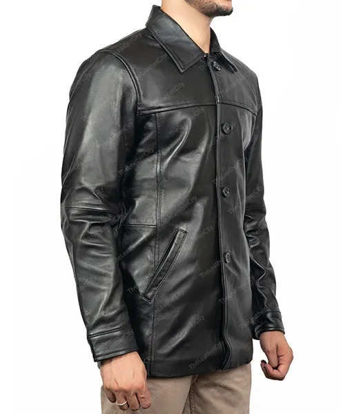 Men's Classic Black Short Trench Leather Coat | TLC