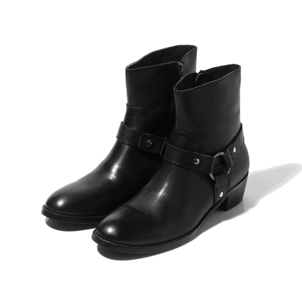 Men's British Black Solid Color Leather Pointed Toe Zipper Ankle Boots