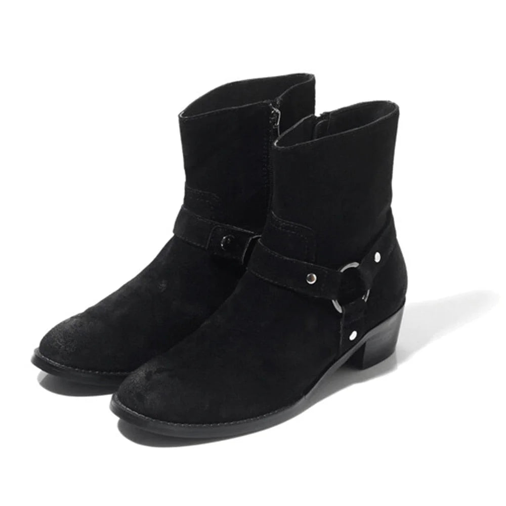 Men's British Black Solid Color Leather Pointed Toe Zipper Ankle Boots