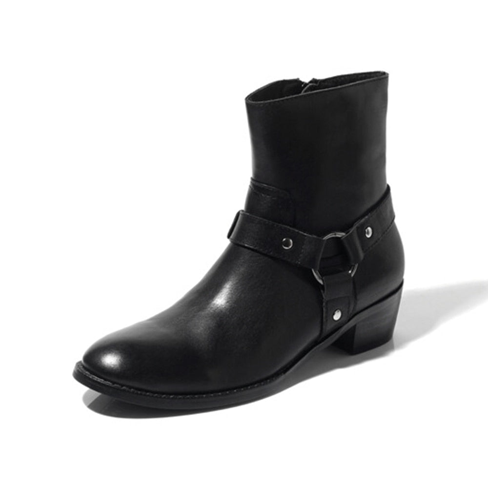 Men's British Black Solid Color Leather Pointed Toe Zipper Ankle Boots