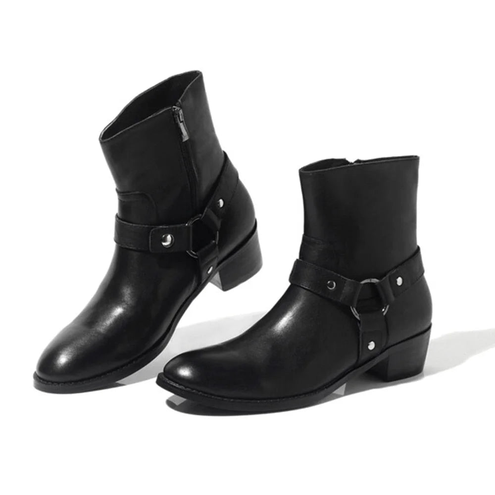 Men's British Black Solid Color Leather Pointed Toe Zipper Ankle Boots