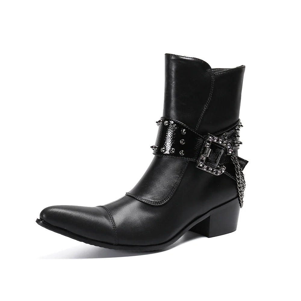 Men's Cowboy Leather Pointed Toe Buckles Chains Motorcycle Ankle Boots