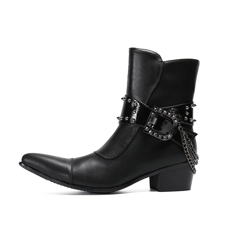 Men's Cowboy Leather Pointed Toe Buckles Chains Motorcycle Ankle Boots