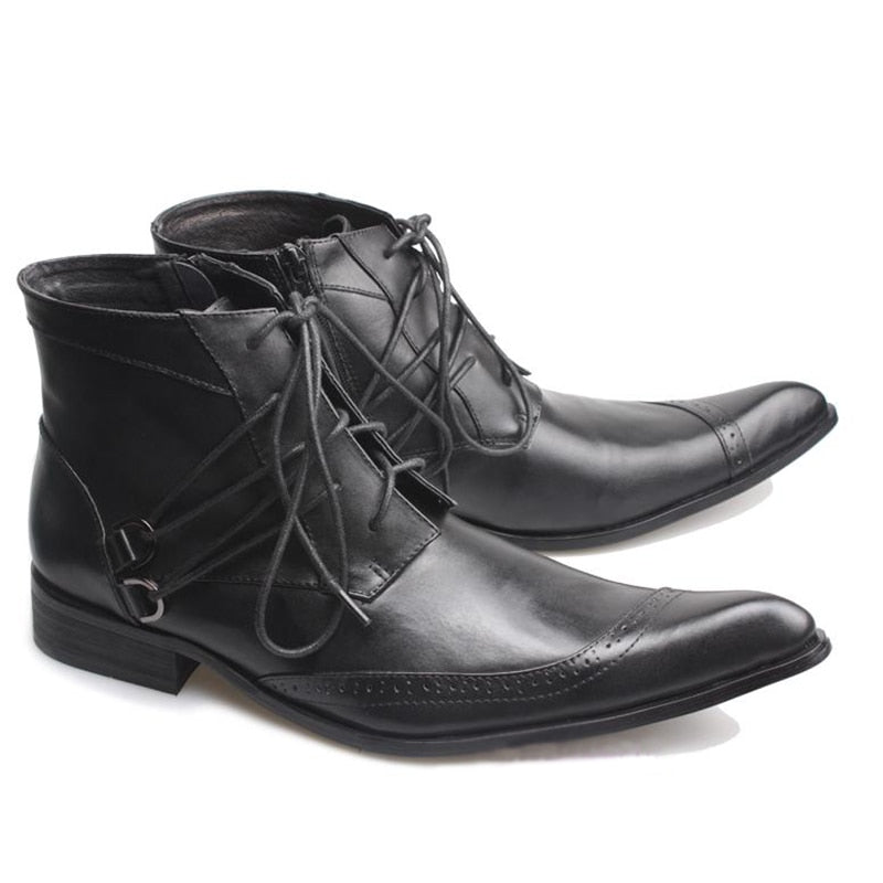 Men's Designer Fashion Genuine Leather Pointed Toe Lace-up Ankle Boots