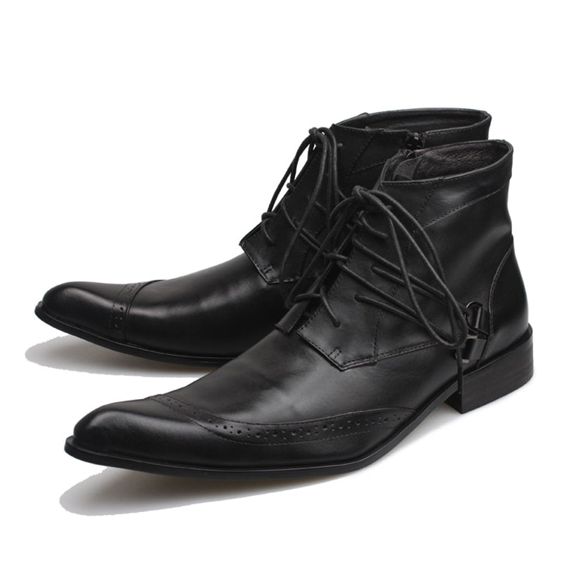 Men's Designer Fashion Genuine Leather Pointed Toe Lace-up Ankle Boots