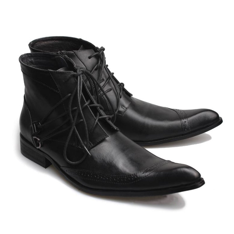 Men's Designer Fashion Genuine Leather Pointed Toe Lace-up Ankle Boots