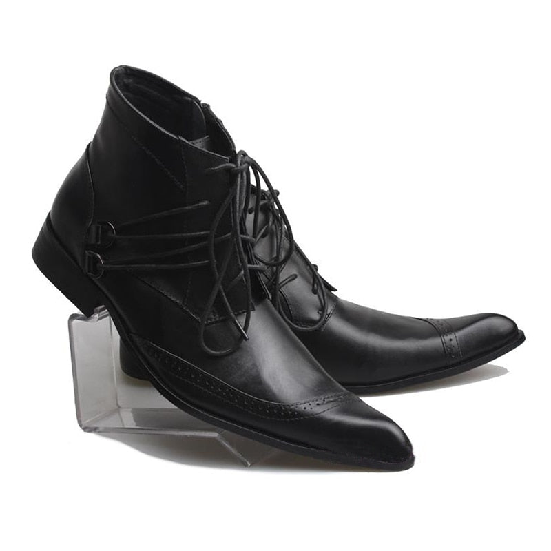 Men's Designer Fashion Genuine Leather Pointed Toe Lace-up Ankle Boots