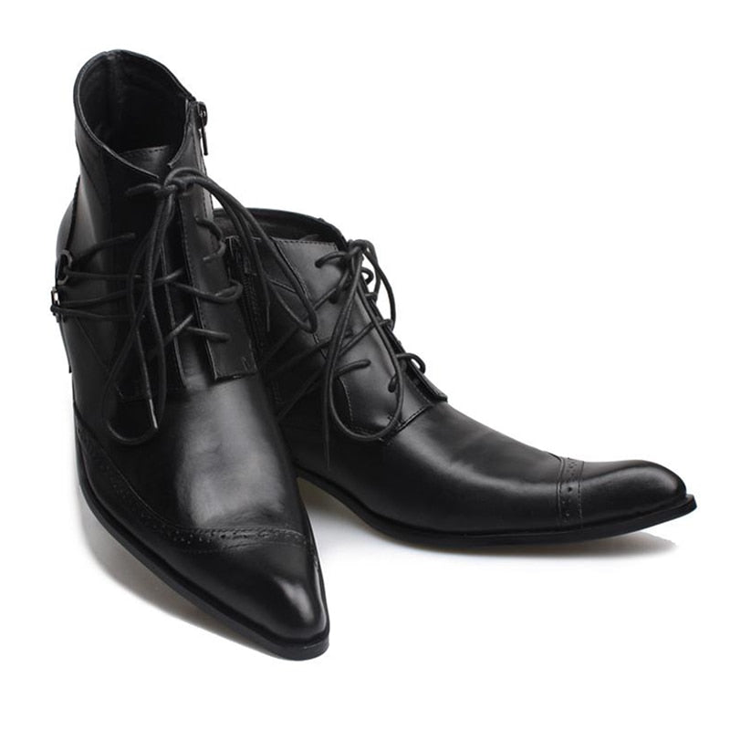 Men's Designer Fashion Genuine Leather Pointed Toe Lace-up Ankle Boots