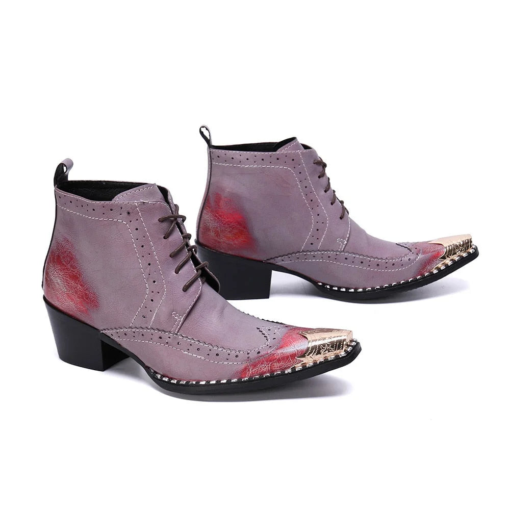 Men's Fashion Leather Pointed Iron Toe Lace-up High Heel Ankle Boots