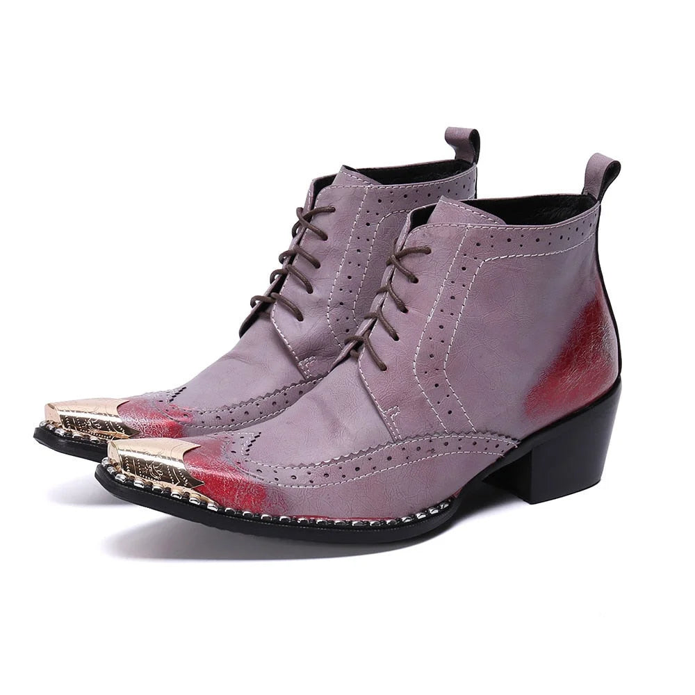 Men's Fashion Leather Pointed Iron Toe Lace-up High Heel Ankle Boots