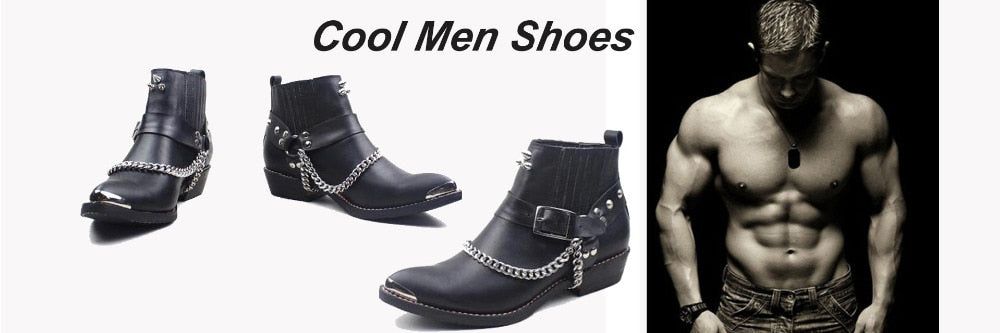 Men's Fashion Leather Pointed Iron Toe Lace-up High Heel Ankle Boots