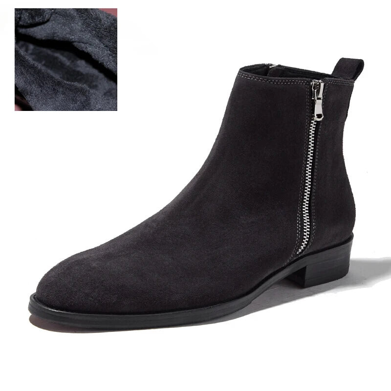 Men's Formal Cow Suede Leather Warm Fur Pointed Toe Winter Ankle Boots