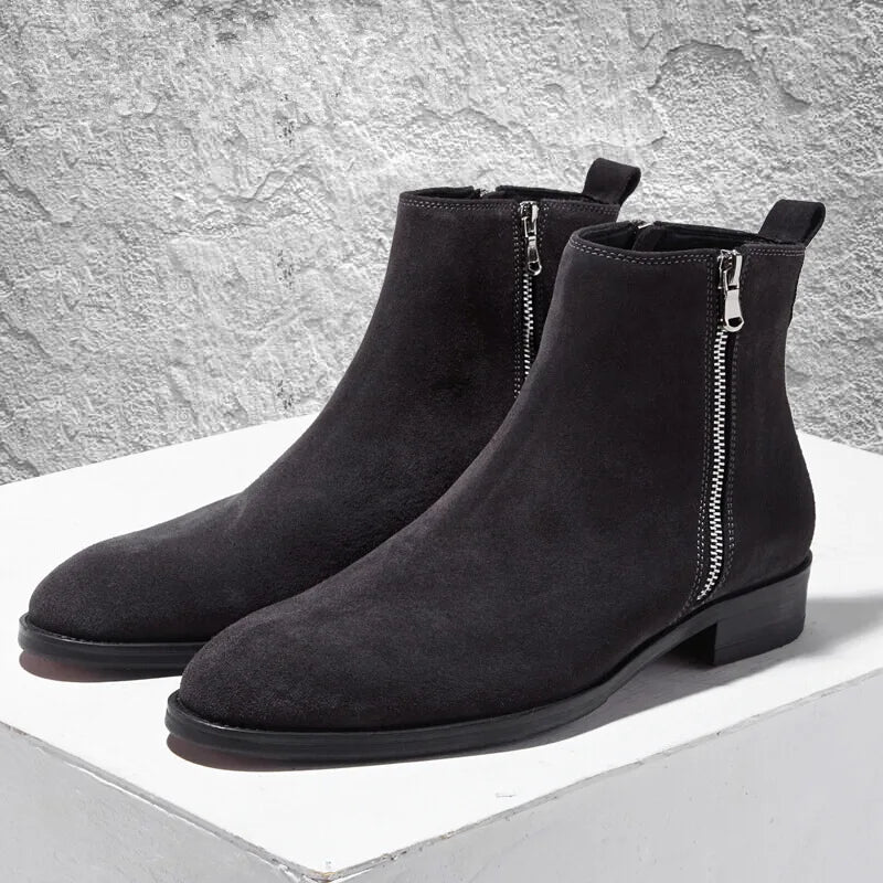 Men's Formal Cow Suede Leather Warm Fur Pointed Toe Winter Ankle Boots