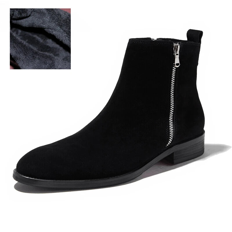 Men's Formal Cow Suede Leather Warm Fur Pointed Toe Winter Ankle Boots