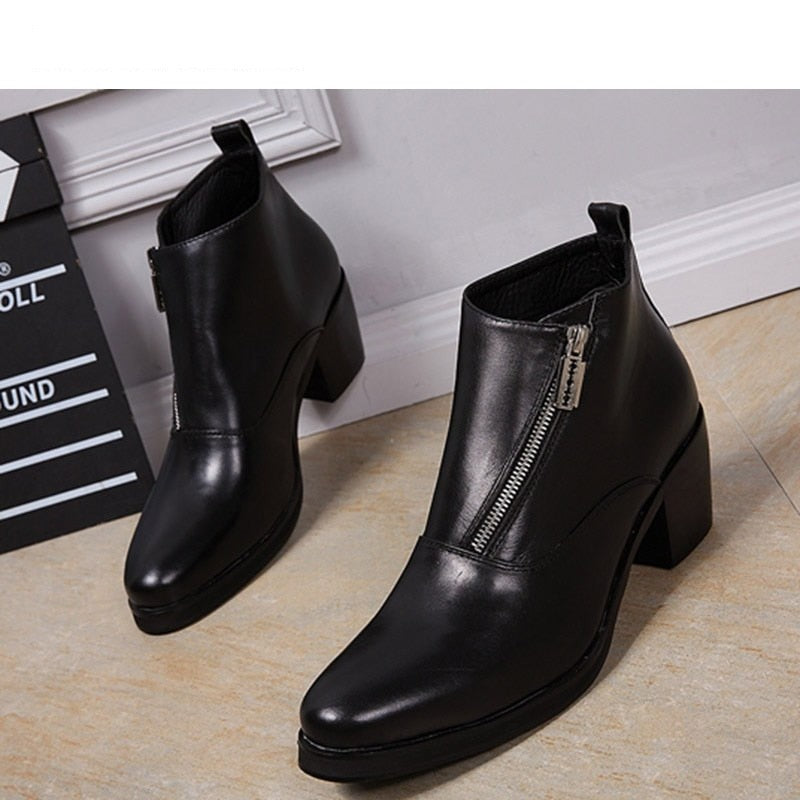 Men's Genuine Leather Black British Style Round Toe Square Heel Boots