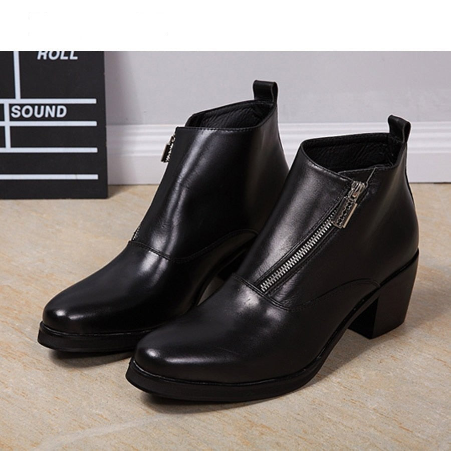 Men's Genuine Leather Black British Style Round Toe Square Heel Boots