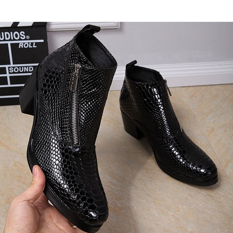 Men's Genuine Leather Black British Style Round Toe Square Heel Boots