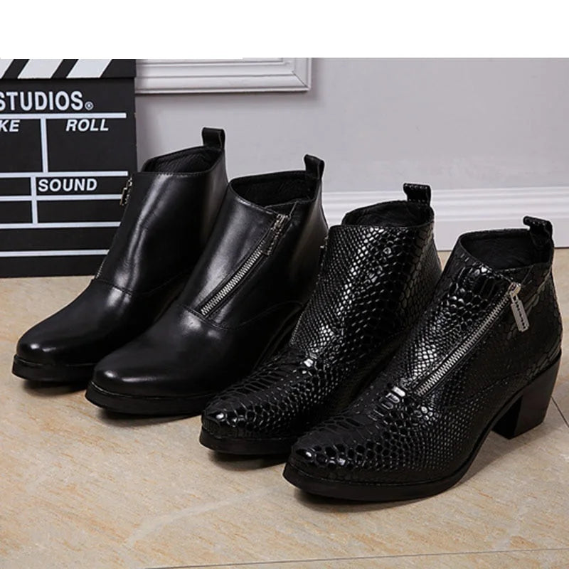 Men's Genuine Leather Black British Style Round Toe Square Heel Boots