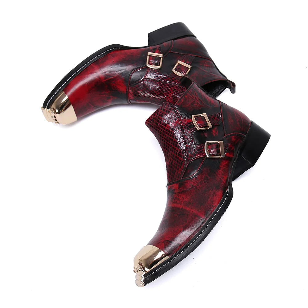 Men's Genuine Leather Luxury Gold Iron Toe Zipper Buckle Ankle Boots