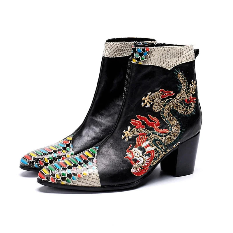 Men's Genuine Leather Pointed Toe Dragon Embroidered High Heel Boots