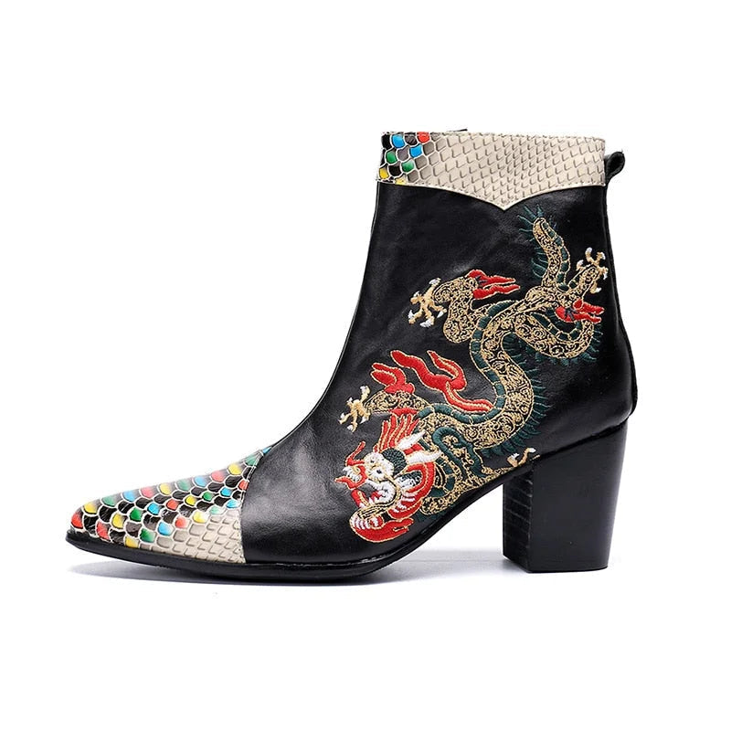 Men's Genuine Leather Pointed Toe Dragon Embroidered High Heel Boots