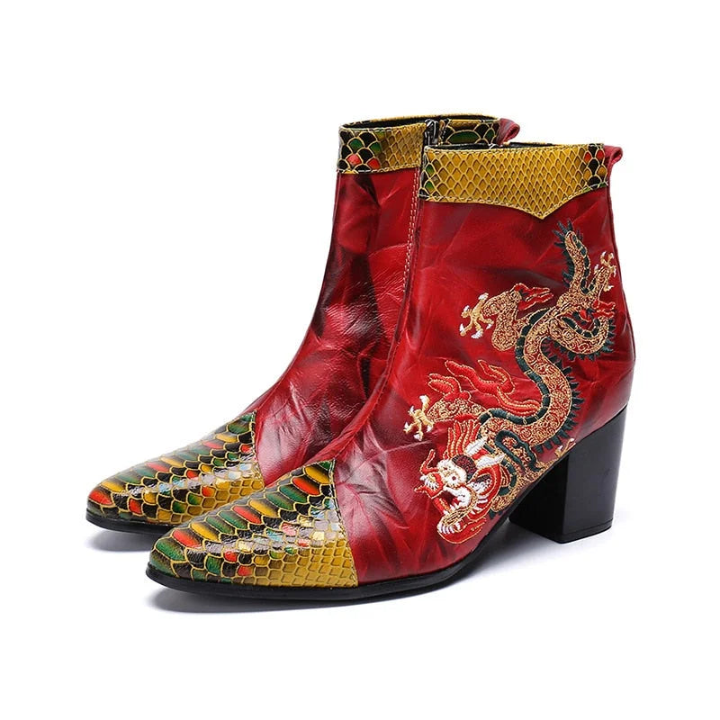 Men's Genuine Leather Pointed Toe Dragon Embroidered High Heel Boots