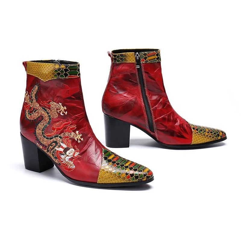 Men's Genuine Leather Pointed Toe Dragon Embroidered High Heel Boots