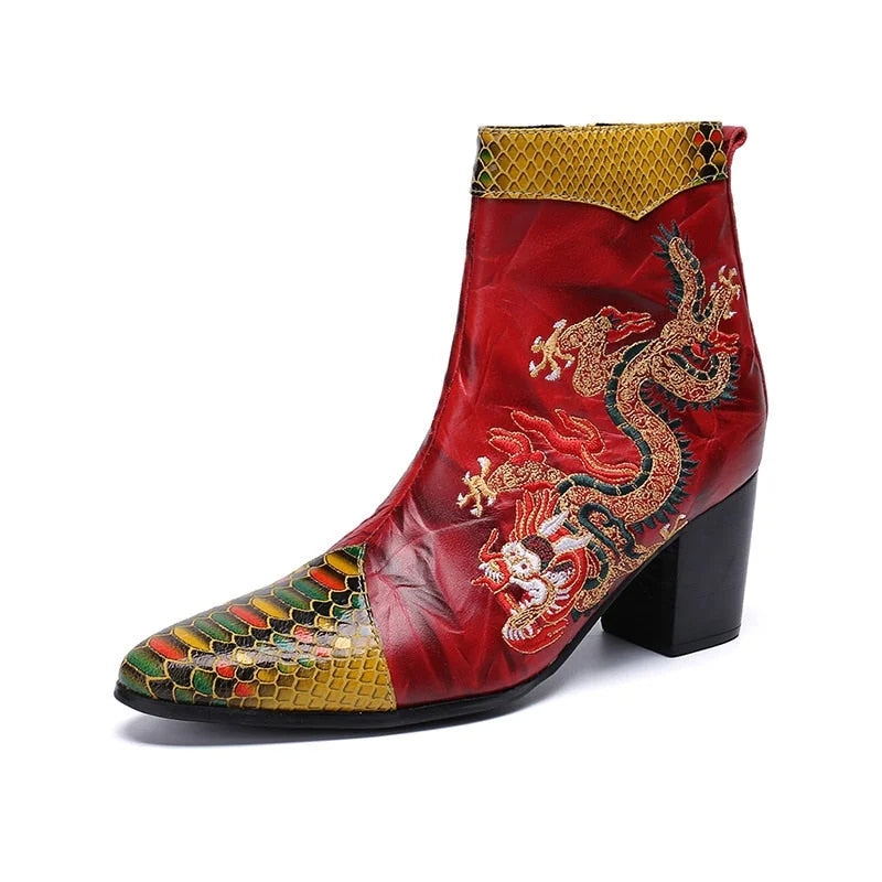 Men's Genuine Leather Pointed Toe Dragon Embroidered High Heel Boots