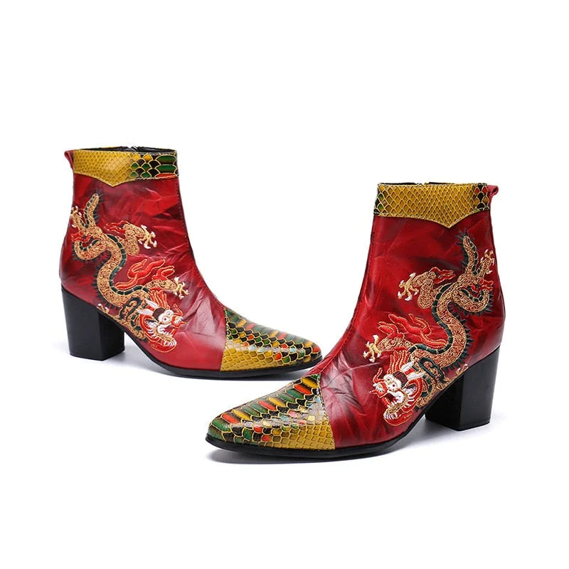 Men's Genuine Leather Pointed Toe Dragon Embroidered High Heel Boots