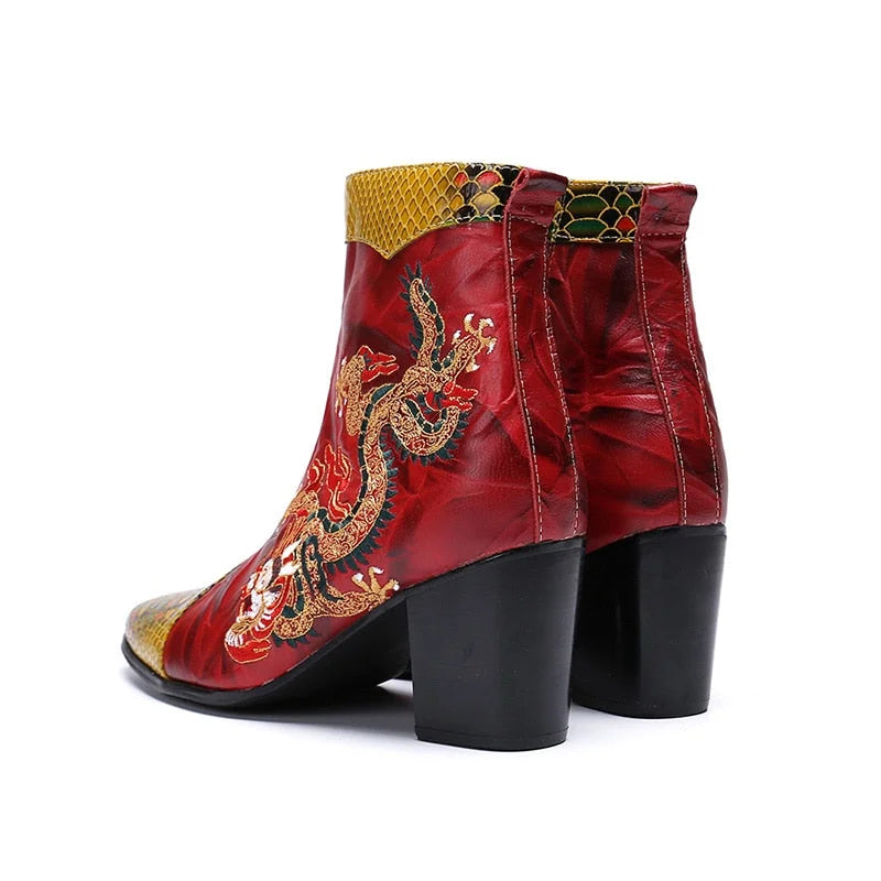 Men's Genuine Leather Pointed Toe Dragon Embroidered High Heel Boots