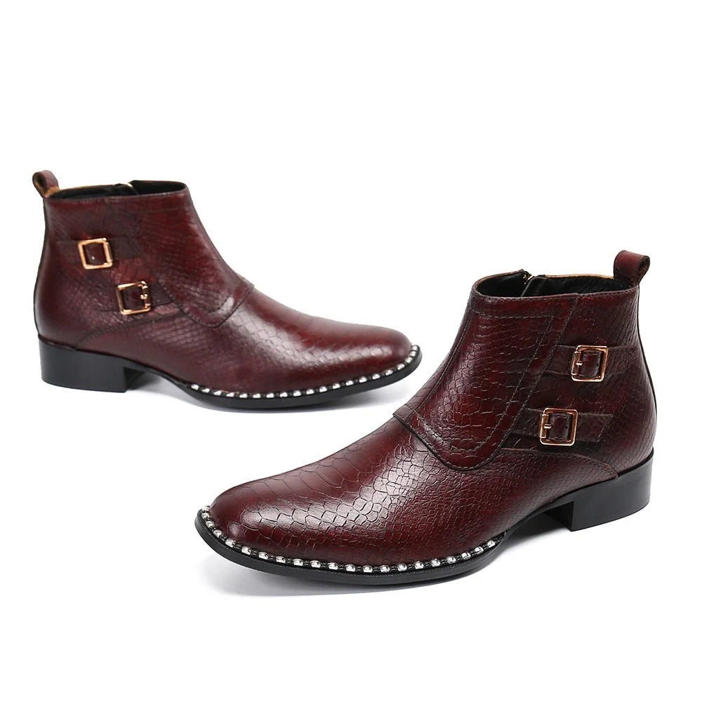 Men's Handmade Wine Red Genuine Leather Buckle Zipper Motorcycle Boots