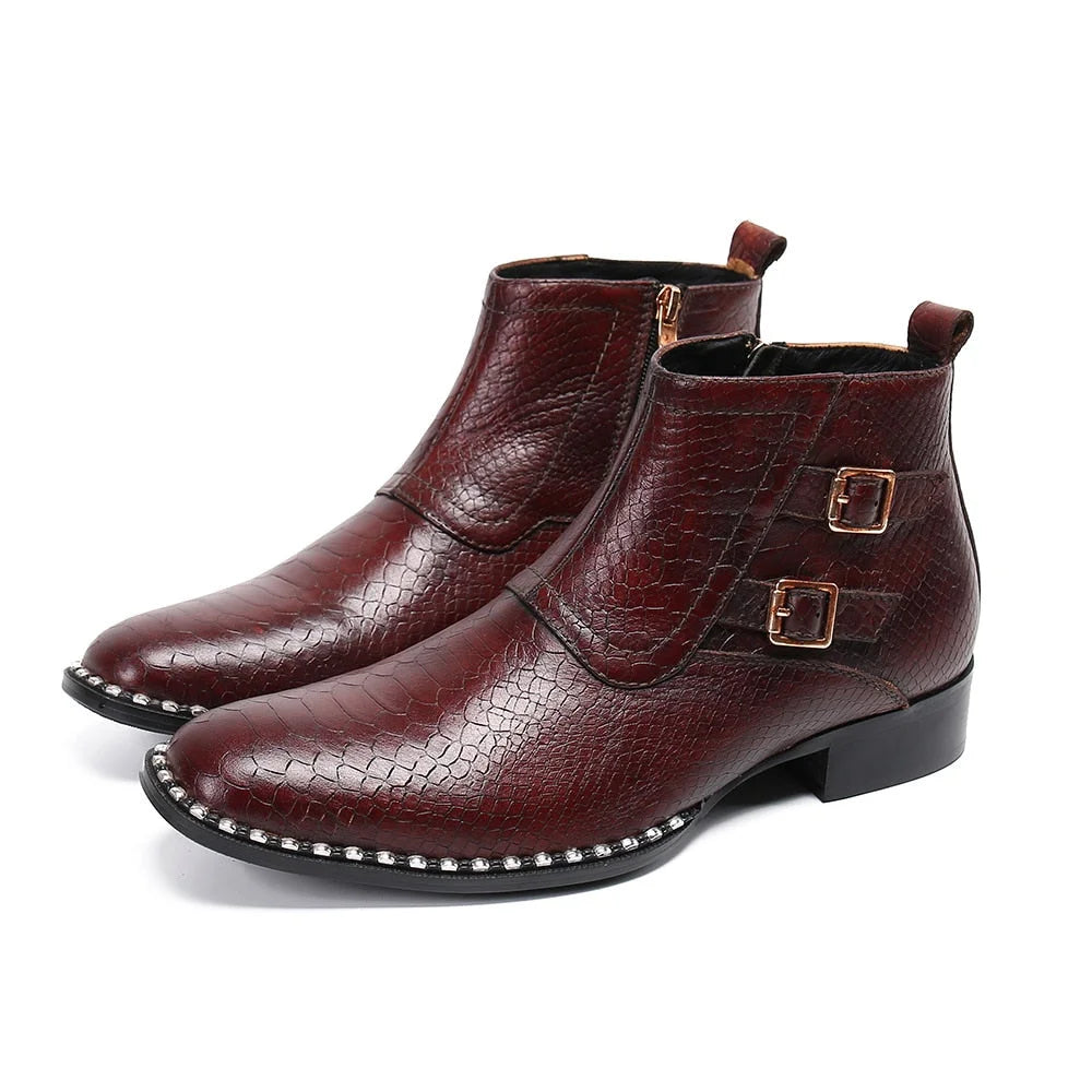 Men's Handmade Wine Red Genuine Leather Buckle Zipper Motorcycle Boots