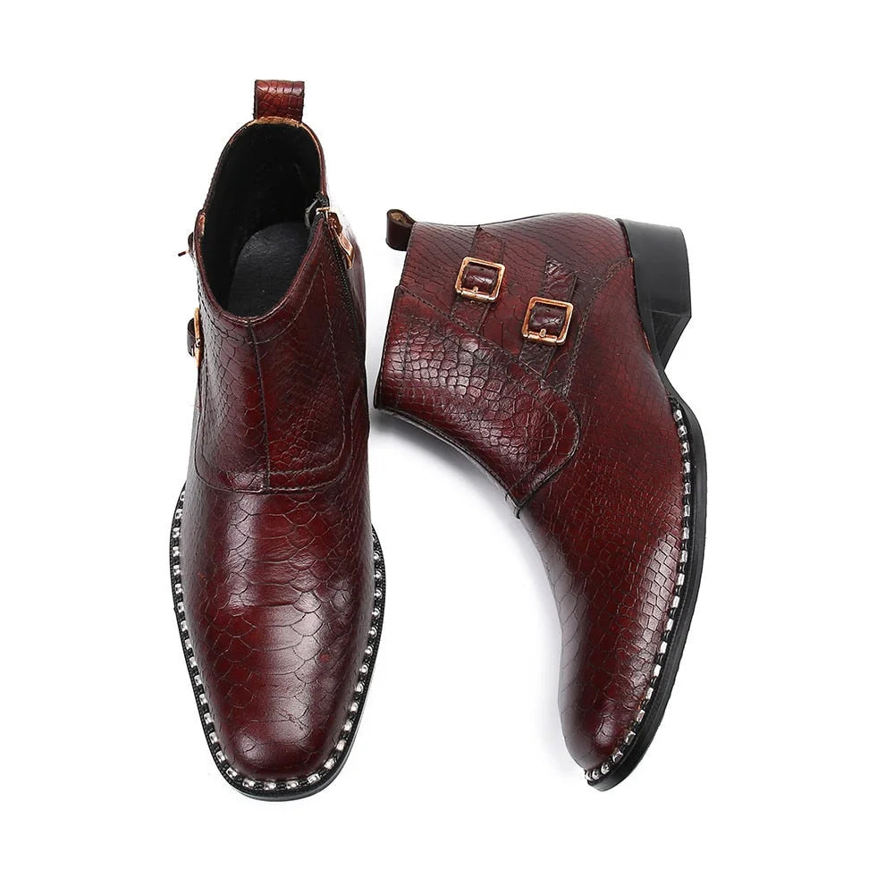 Men's Handmade Wine Red Genuine Leather Buckle Zipper Motorcycle Boots