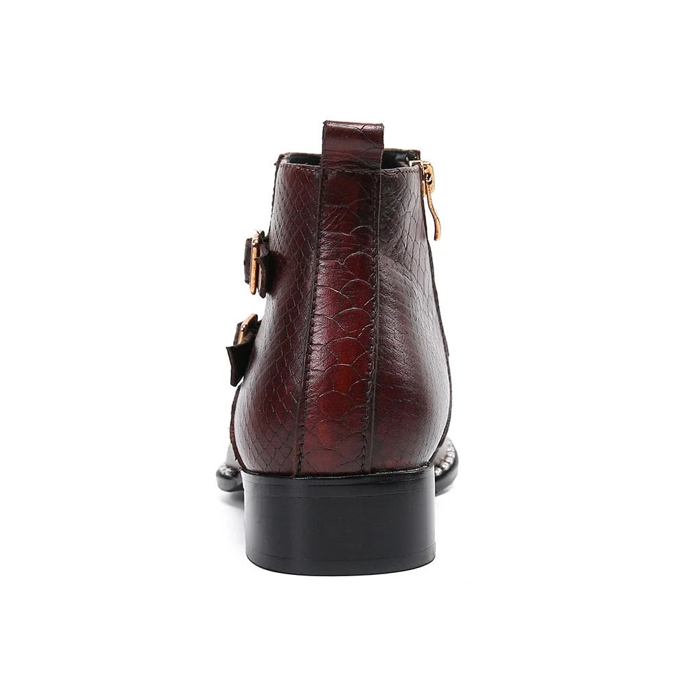 Men's Handmade Wine Red Genuine Leather Buckle Zipper Motorcycle Boots