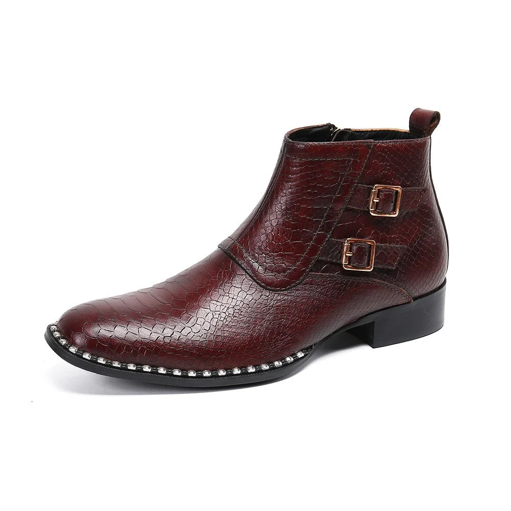 Men's Handmade Wine Red Genuine Leather Buckle Zipper Motorcycle Boots