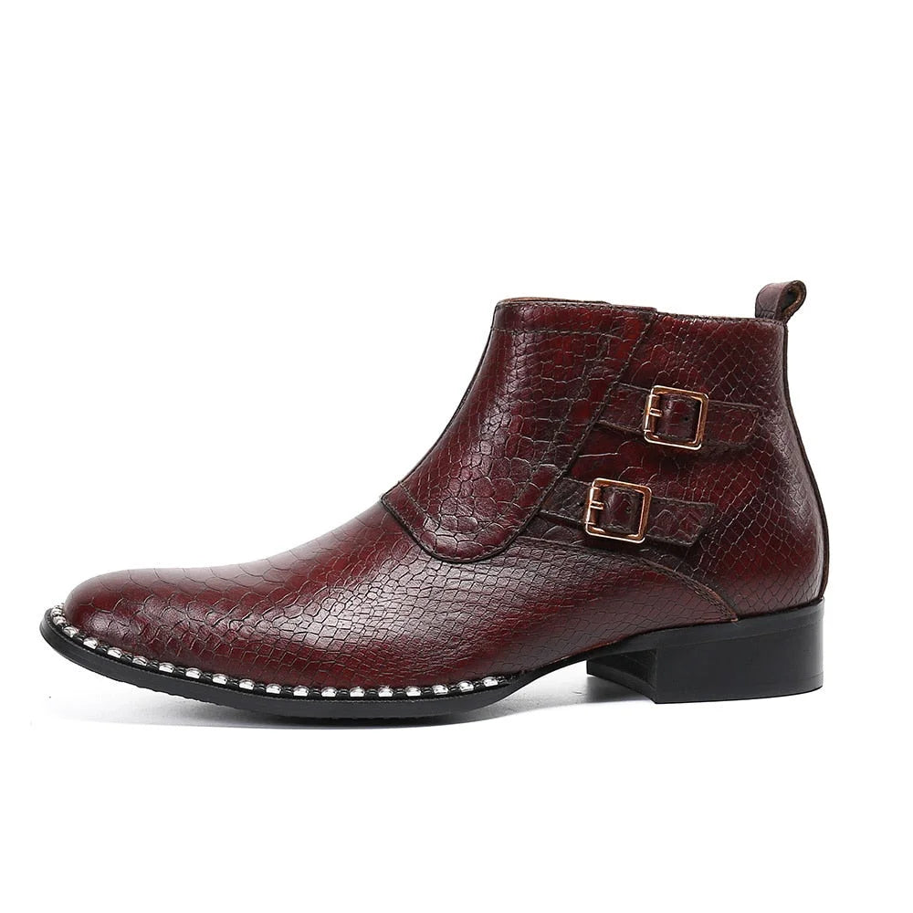 Men's Handmade Wine Red Genuine Leather Buckle Zipper Motorcycle Boots