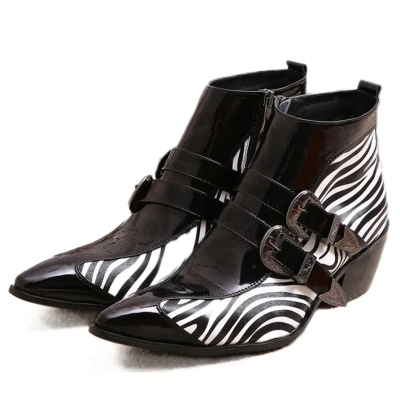 Men's Japanese Pointed Toe Zebra Strip Pattern Buckle Ankle Boots