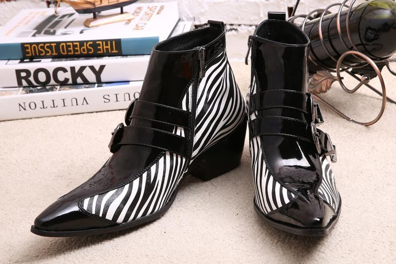 Men's Japanese Pointed Toe Zebra Strip Pattern Buckle Ankle Boots