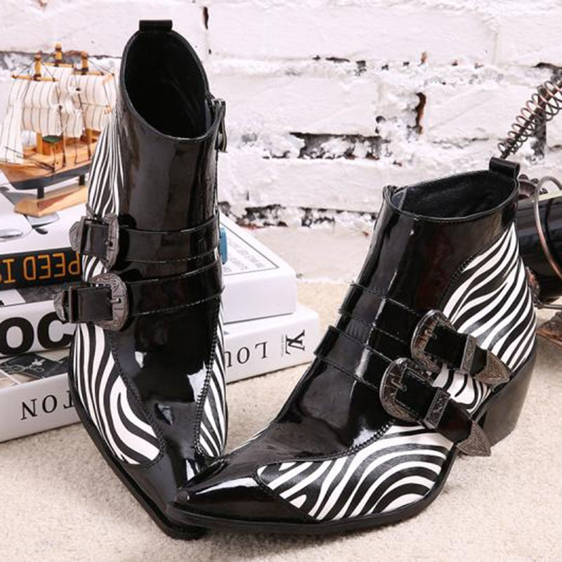 Men's Japanese Pointed Toe Zebra Strip Pattern Buckle Ankle Boots