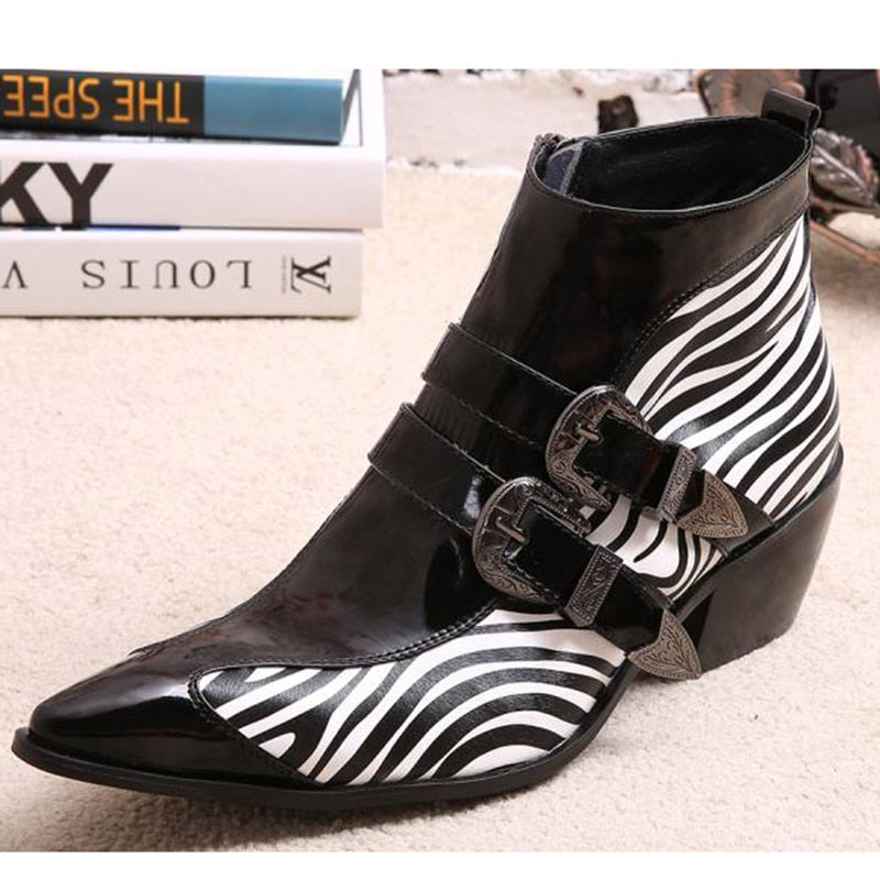 Men's Japanese Pointed Toe Zebra Strip Pattern Buckle Ankle Boots