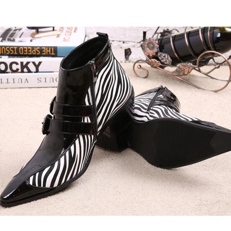 Men's Japanese Pointed Toe Zebra Strip Pattern Buckle Ankle Boots