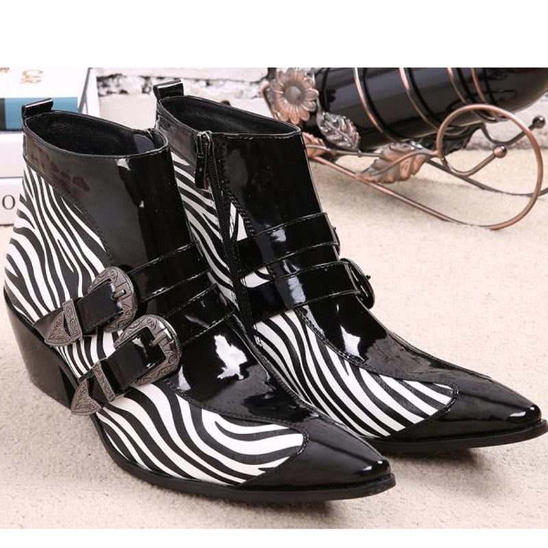 Men's Japanese Pointed Toe Zebra Strip Pattern Buckle Ankle Boots