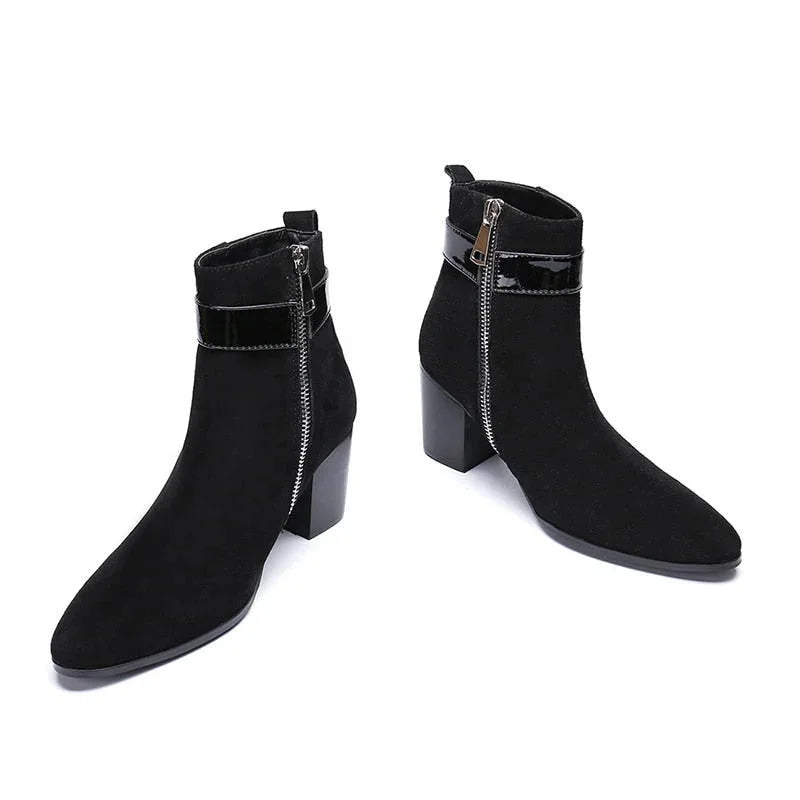 Men's Korean Genuine Leather Pointed Toe Party Zipper Ankle Boots