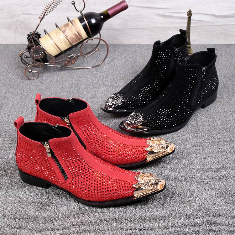 Men's Luxury Black Red Rhinestone Metal Pointed Toe Zipper Ankle Boots