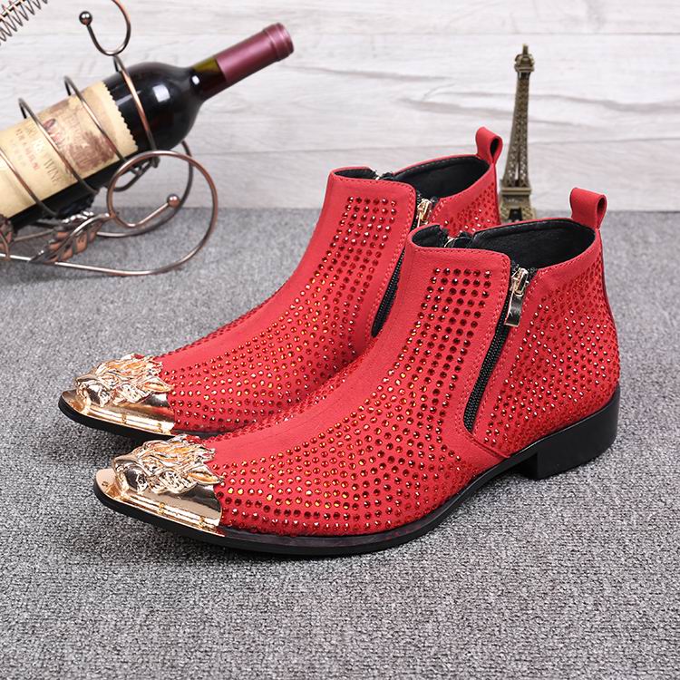 Men's Luxury Black Red Rhinestone Metal Pointed Toe Zipper Ankle Boots